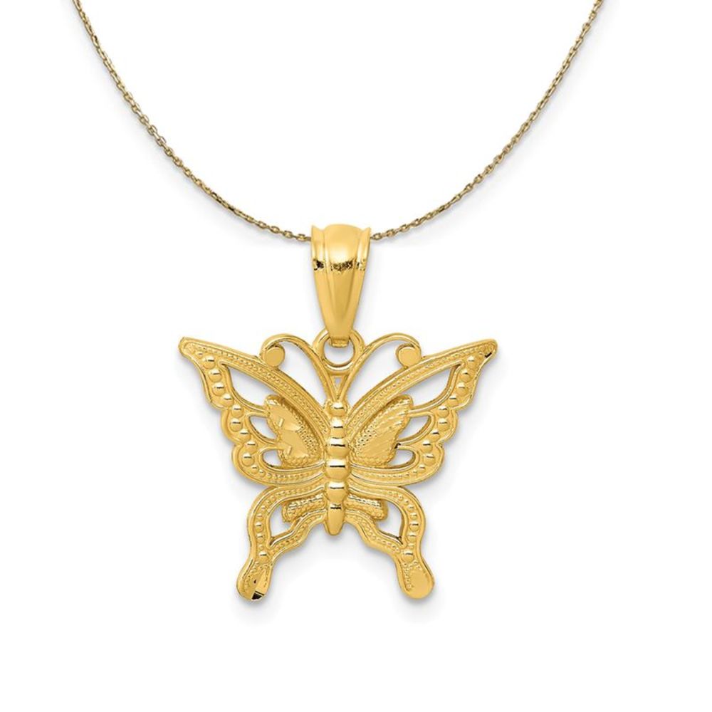 14k Yellow Gold Diamond Cut Butterfly Necklace - 18 Inch